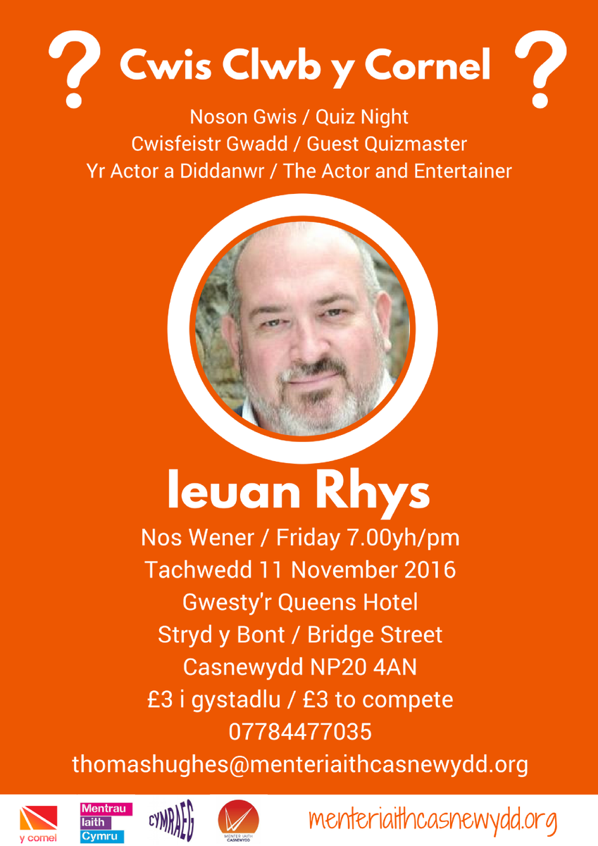 Cwis dwyieithog gyda Ieuan Rhys / Bilingual quiz with Ieuan Rhys! 
11.11.16
£3
Croeso mawr i bawb! All welcome!