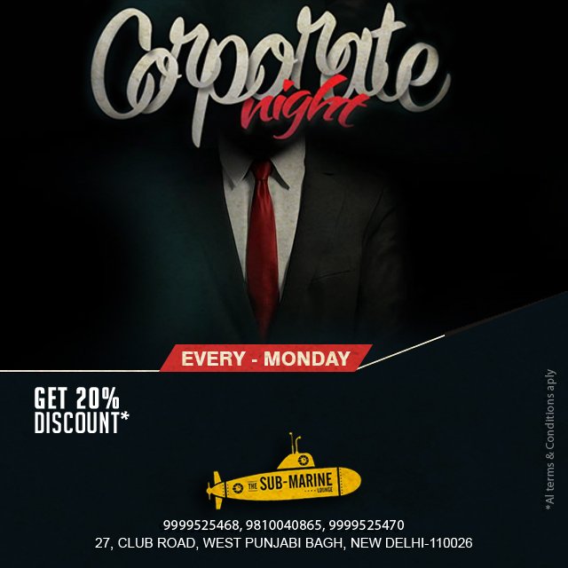 SubmarineLounge's tweet photo. Corporate Night tonight at The Submarine Lounge: Get 20% off !!
#submarinelounge #delhibars #clubroad #punjabibagh #punjabibaghbars https://t.co/RiiHJpWaS6