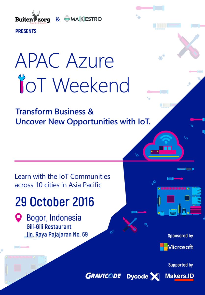 makestroid's tweet photo. Azure IoT Weekend yang hadir serentak di 10 negara di dunia hadir di Bogor! Tempat terbatas, jadi daftar sekarang: https://t.co/I6Xg2NDN47. https://t.co/GDJ3F4Eows