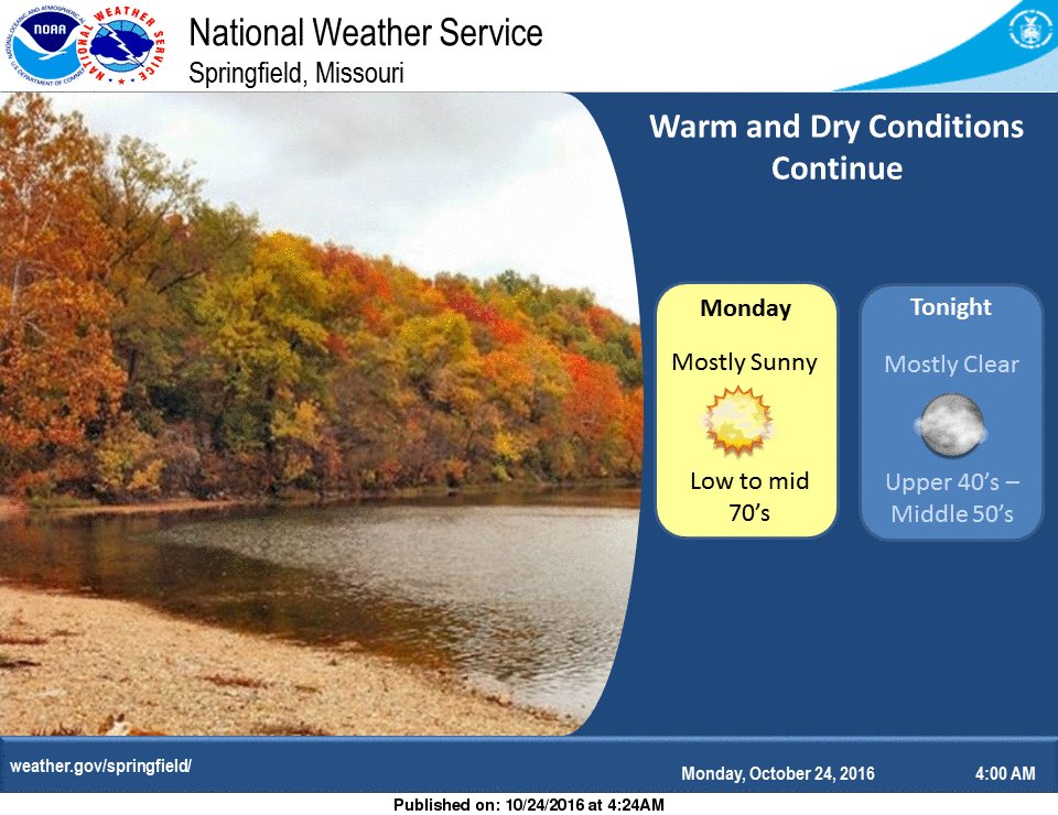 NWSSpringfield's tweet photo. More warm and dry conditions expected to start your week. Rain chances increase by midweek. #mowx #kswx https://t.co/kdIkuLkJHj