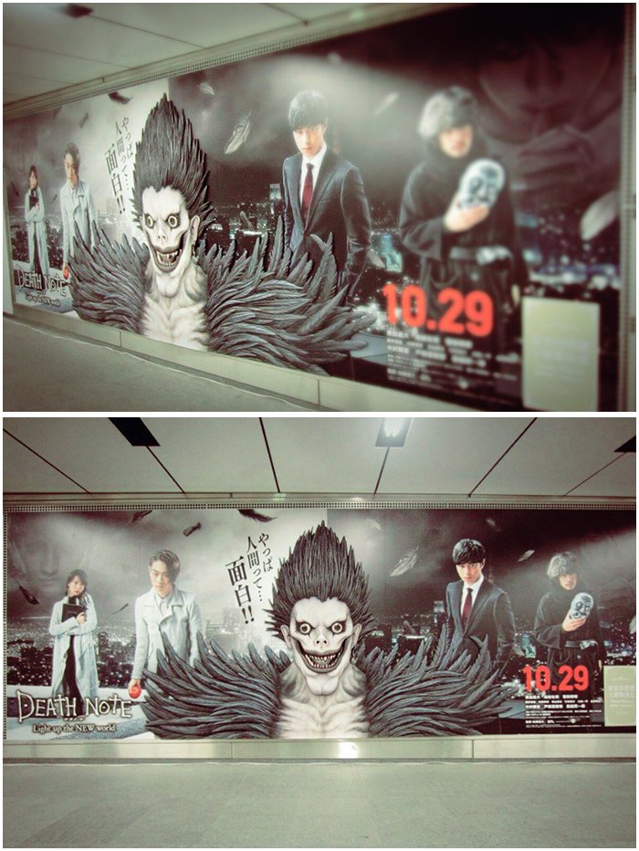 بوسترات فيلم #DeathNote الحي (النسخة اليابانية) على جدران محطة #Shibuya  سيصدر الفيلم في  