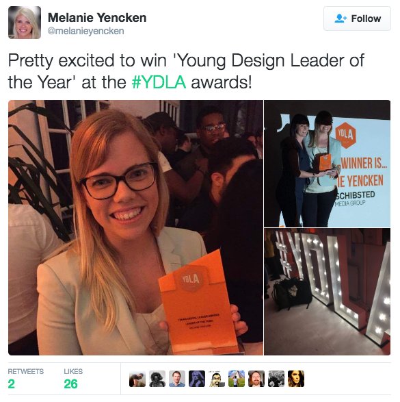 SchibstedGroup's tweet photo. We are so proud of our Head of UX for Marketplaces @melanieyencken for winning Young Design Leader of the Year at #YDLA awards 👏 🎉 🏆 https://t.co/IibkqN7RS8