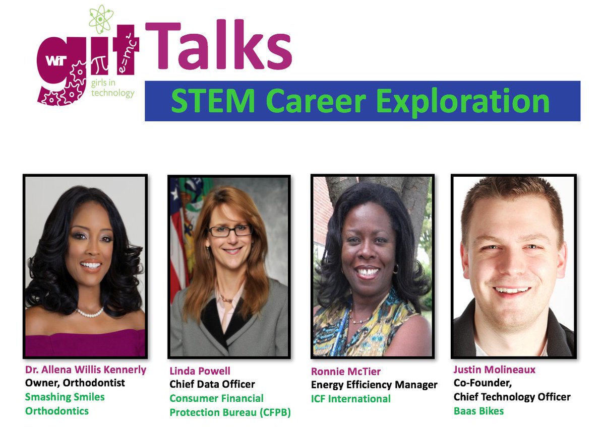 GirlsInTech_WIT's tweet photo. DC #GITTalks:STEM Career Exploration panel: Linda Powell @CFPB, Dr Kennerly @SmashingSmiles, Ronni McTier @ICF, Justin Molineaux @Baas_Bikes https://t.co/d37tdtAvGl