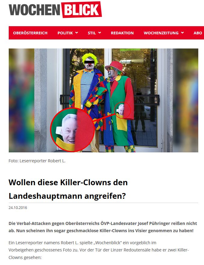 rajvlinci's tweet photo. Ein völkischer Beobachter hat Grusel-Hitler-Clowns vor den Redoutensälen in #Linz erspäht. #noEFLinz #horrorclowns #braunclowns #nolink https://t.co/BdxZrJnqn0