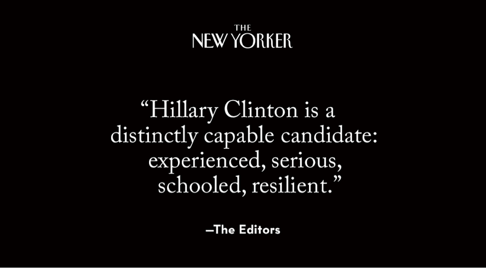NewYorker's tweet photo. The election of Hillary Clinton is an event that we will welcome for its immense historical importance. https://t.co/hLzDBMO6w5 https://t.co/RPkWfdYm3m