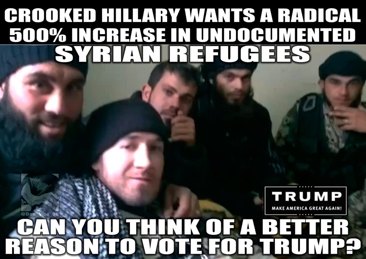 Don_Vito_08's tweet photo. The creator of ISIS is #CrookedHillary her Syrians refugee policy will destroy America
@realDonaldTrump https://t.co/wTZiHh7iTa