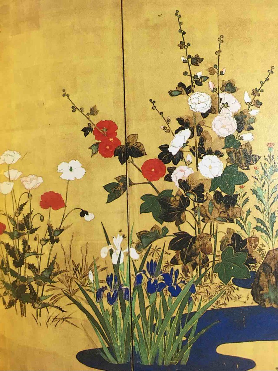 鈴木其一展。今日観てきた中では「四季花鳥図屏風」の花弁。どの花も
