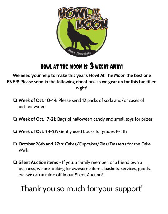 #HowlAtTheMoon is this #Thursday <a href="/FabraPTO/">Fabra PTO</a> is still in need of donations. We will be meeting this week to prepare and could use your help!