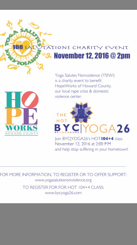BYCYoga's tweet image. Please join @BYCYoga help #wearehopeworks of #HowardCounty in a #charity #yoga event Nov 12 2pm