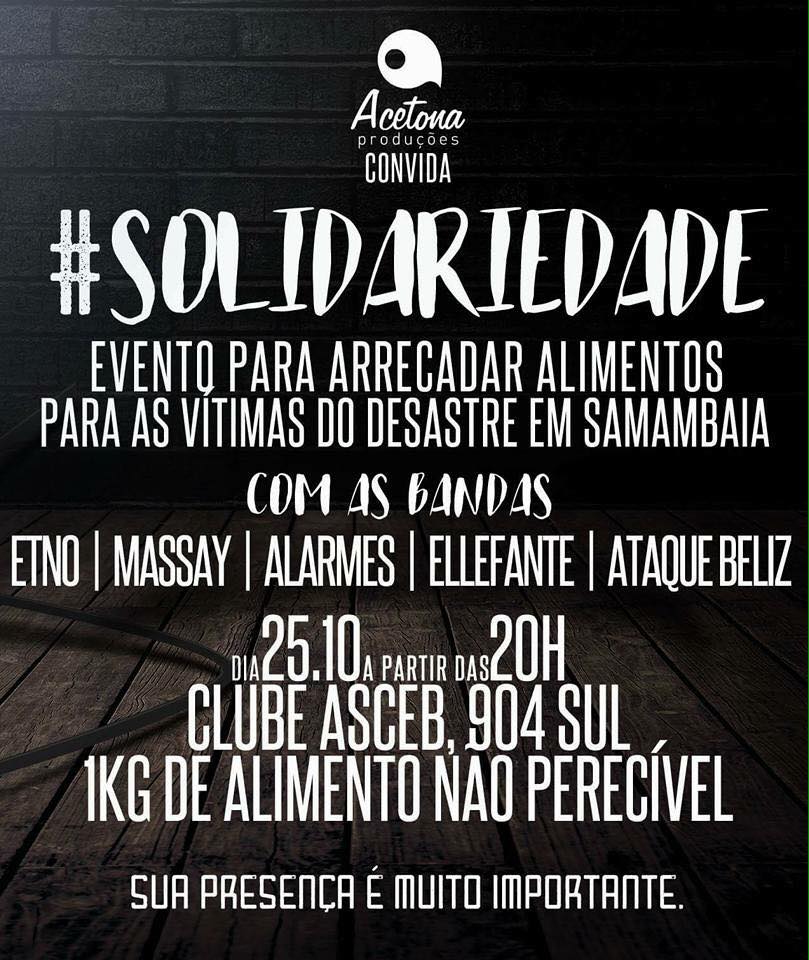 webzoneradio's tweet photo. Vamos ajudar quem precisa e ainda curtir @bandaetno, @Massayrock, @AlarmesOficial, @bandaellefante e @AtaqueBeliz ! 25/10 a partir das 20 hs https://t.co/5YN9alirC2