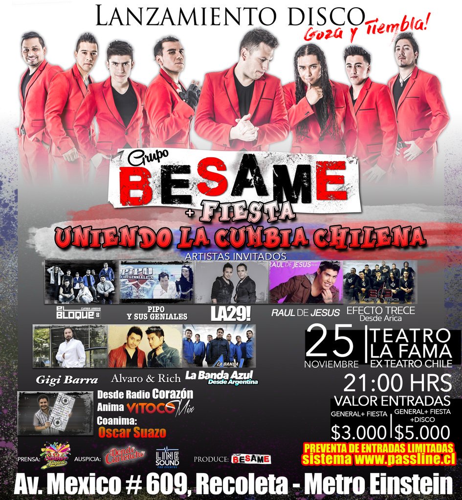luis3levit's tweet photo. 25 de noviembre Lanzamiento de nuestro Disco + Fiesta Uniendo la Cumbia Chilena.. no te quedes fuera y  adquiere tu  Pre-ventas de entradas. https://t.co/x1VOIldNPs