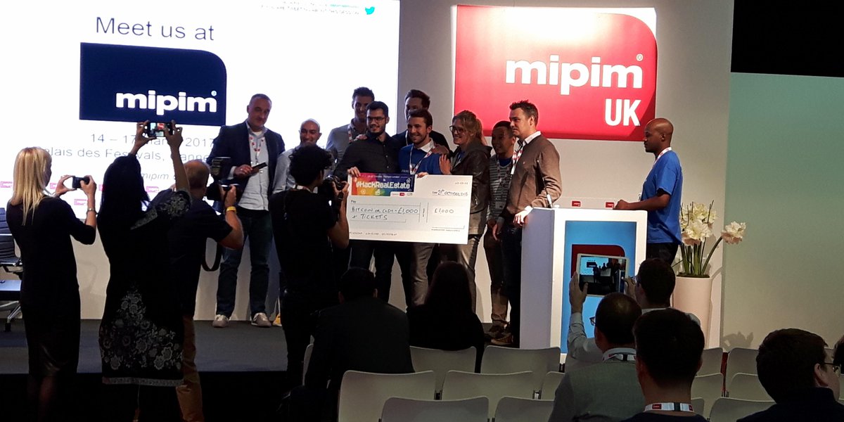 HMLandRegistry's tweet photo. #HackRealEstate judge and Director of Digital Services, John Abbott is pictured with Team GreenRoom at Friday's final of #MIPIMUK Hackathon https://t.co/5813qKKQbv