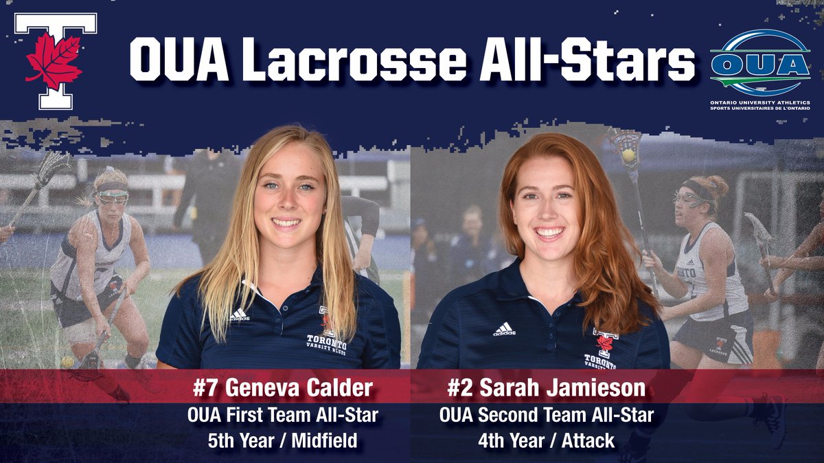 Congrats to <a href="/BluesWLax/">UofT Womens Lacrosse</a> players Geneva Calder <a href="/geepc/">Geneva P. Calder</a> &amp; @SarahLJamieson on being named <a href="/OUAsport/">Ontario University Athletics</a> all-stars! #WeAreTO