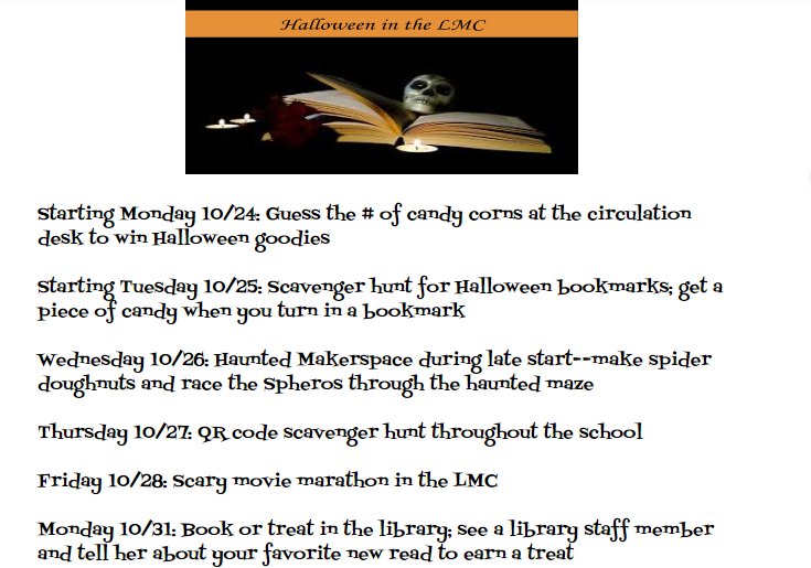 TigerLMC's tweet photo. We're celebrating reading and Halloween in the LMC this week. We have plenty books and candy for all! See pic for the schedule. https://t.co/svpsA3dO78