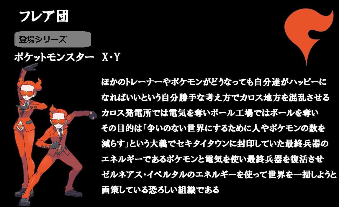 アリクイ太郎 5月5日エアコミケinワシントンホテルへ フレア団 自分たちがハッピーになるためならポケモンや人なんてどうでもいいと考えている その目的は発電所からエネルギーをとりボール工場ではボールを奪いセキタイタウンにある最終兵器を起動し全