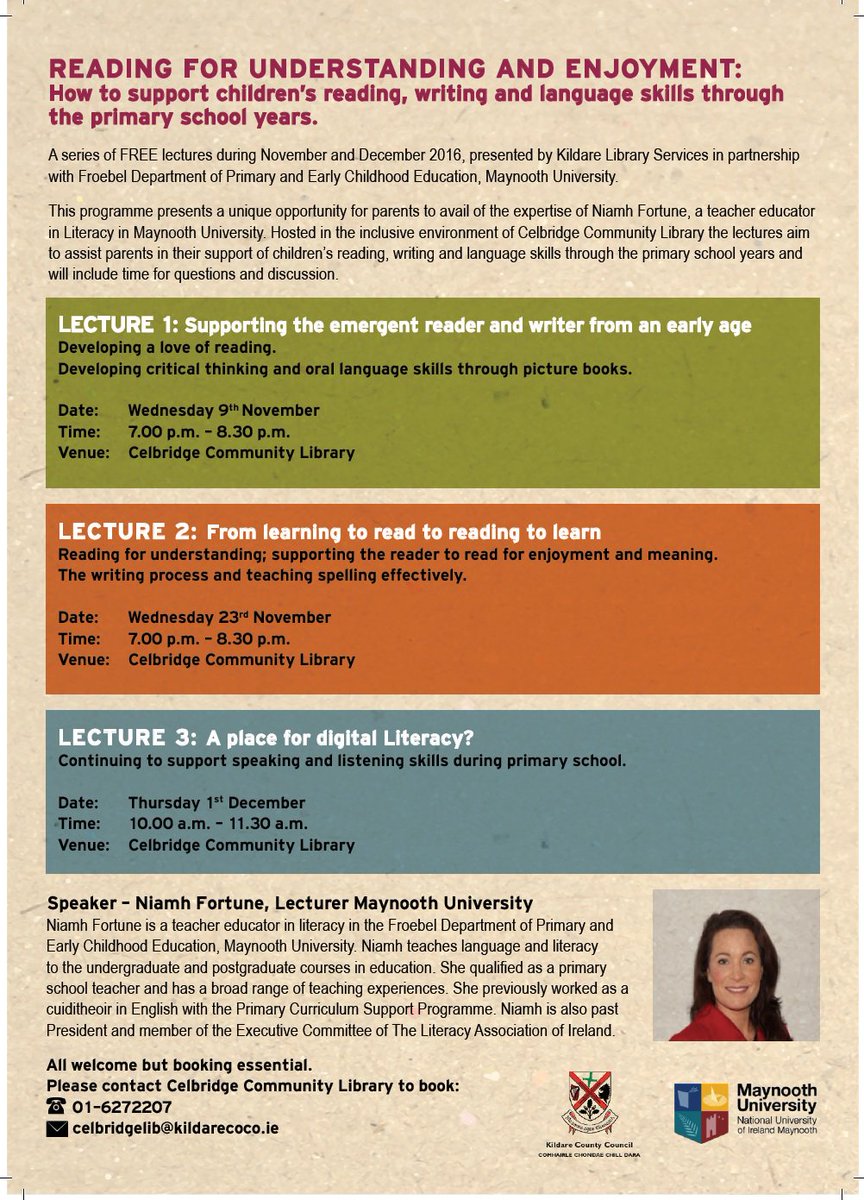 kildarelibrary's tweet photo. Reading for Understanding &amp; Enjoyment - FREE lectures with @MaynoothUni on how to support children's reading, writing &amp; language skills https://t.co/aBKnTlwv2P
