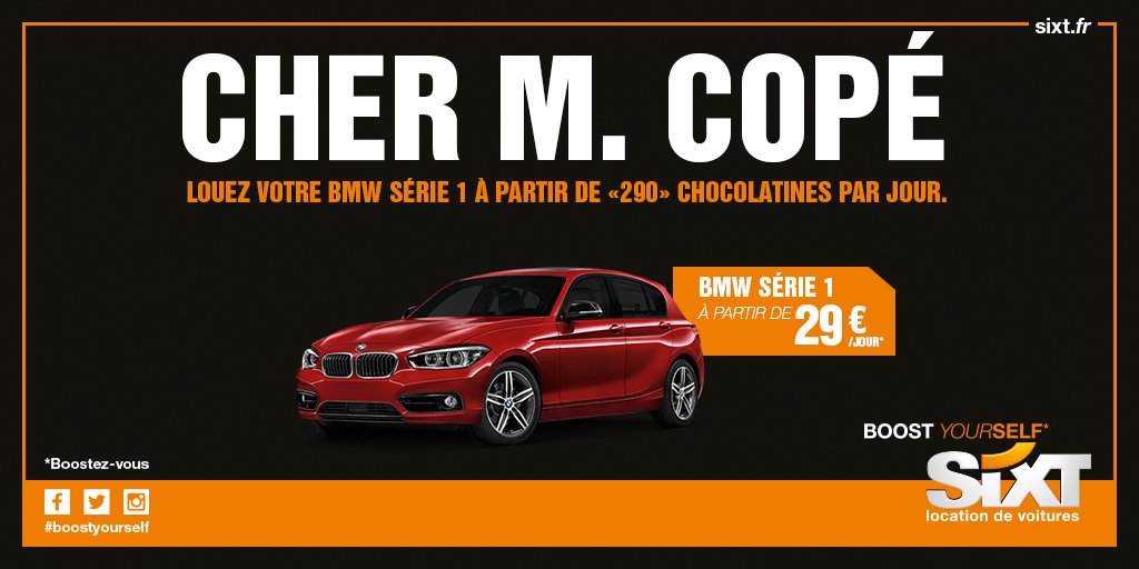 SixtFR's tweet photo. Cher M. #Copé, louez votre BMW Série 1 à partir de "290" #painauchocolat par jour. #CalculCommeCopé https://t.co/81xtmMn272