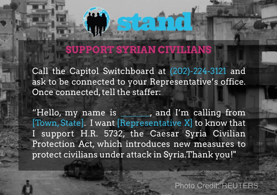 maitelsadany's tweet photo. ATTN: National Call-In Day for #Syria human rights sanctions bill by @standnow & @Organize4Syria TODAY. Call your rep! #StandWithCaesarBill https://t.co/Vb44im8vPp
