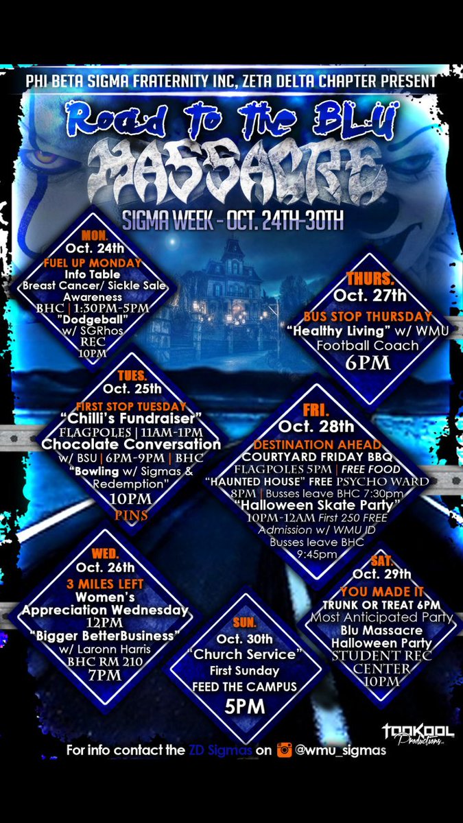 wmu_turnup's tweet photo. #SigmaWeek2k16  SIGMAS  GOT YALL COVERED. 🚨 HAUNTED HOUSE, BBQ, SKATING PARTY ALL FREE!!! 🚨 BLUE MASSACRE HALLOWEEN PARTY SATURDAY #Wmu20 https://t.co/Hds0SJNA88