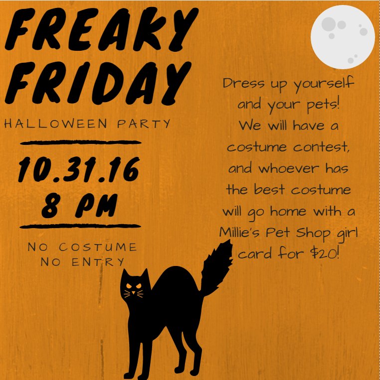 MilliesPetShop's tweet image. We&apos;re having a Halloween party next Monday! Dress up yourself and your pets; whoever has the best costume gets a $20 gift card! #Howlween