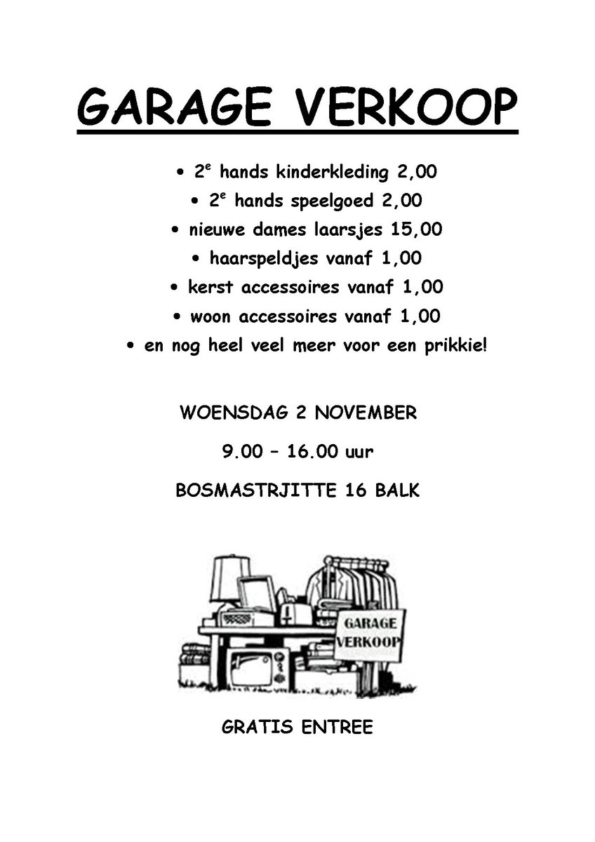 Easyevents13's tweet photo. GARAGE VERKOOP @balkstercourant @BalkVooruit @StadSloten @VVVFrieseMeren @VVVHeeg @Friesuitstapje @Wijckelnieuws @Lemmer0514 @GaasterlandNL https://t.co/fLXkX5AzD1
