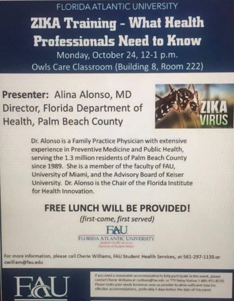Come and join us today at the ZIKA Training from 12pm-1pm in the Owls Care Classroom! FREE LUNCH!
(First come, first served)