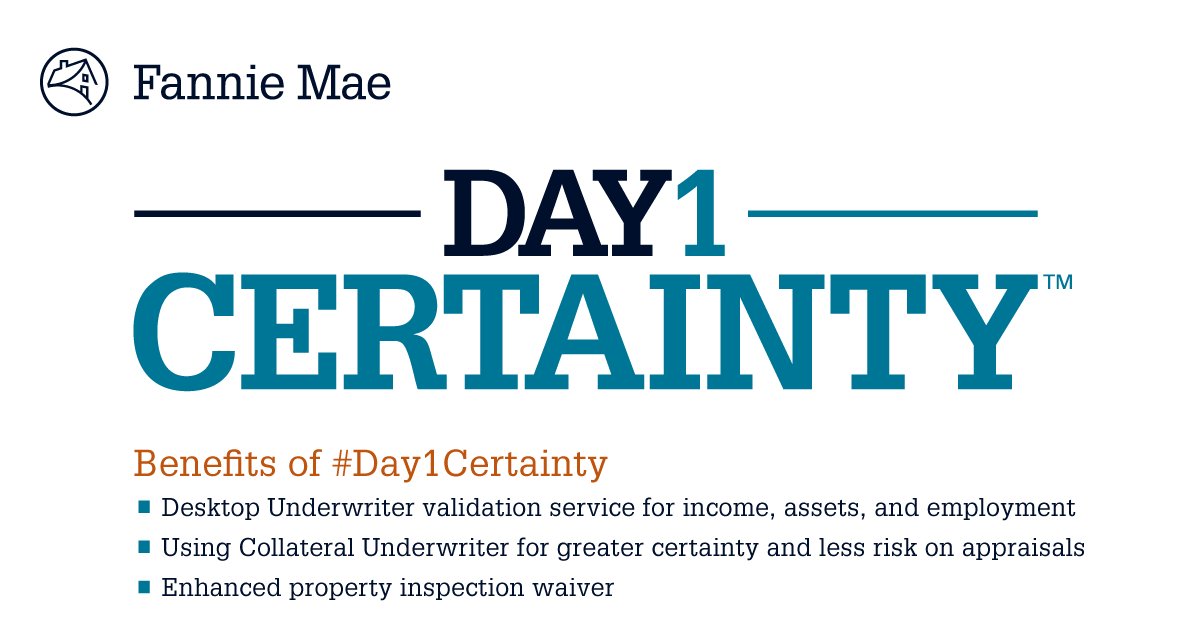 FannieMae's tweet photo. ANNOUNCEMENT: W/ #Day1Certainty, lenders can now get speed &amp; simplicity, freedom from reps &amp; warrants. https://t.co/7qScrHebBz #MBAAnnual16 https://t.co/Sypjd33SuN