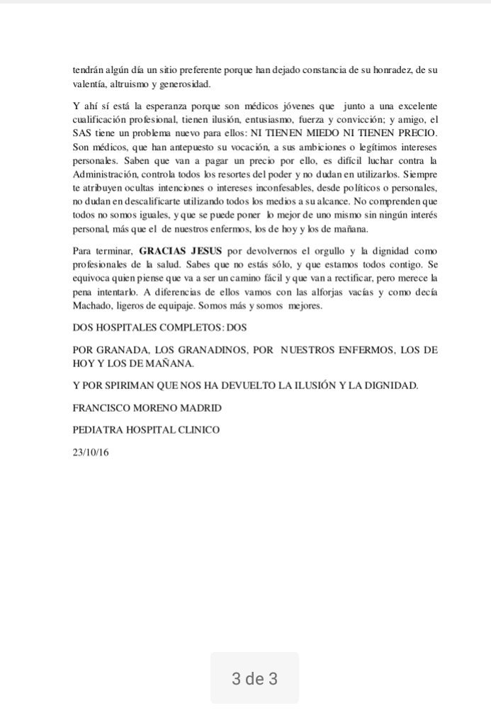 2hospitales2's tweet photo. Carta de Francisco Moreno, pediatra del HClínico a @Spiriman #Granada16O #2hospitales2 @mariavpodemos @fidel_FQ https://t.co/dCrP161fyx