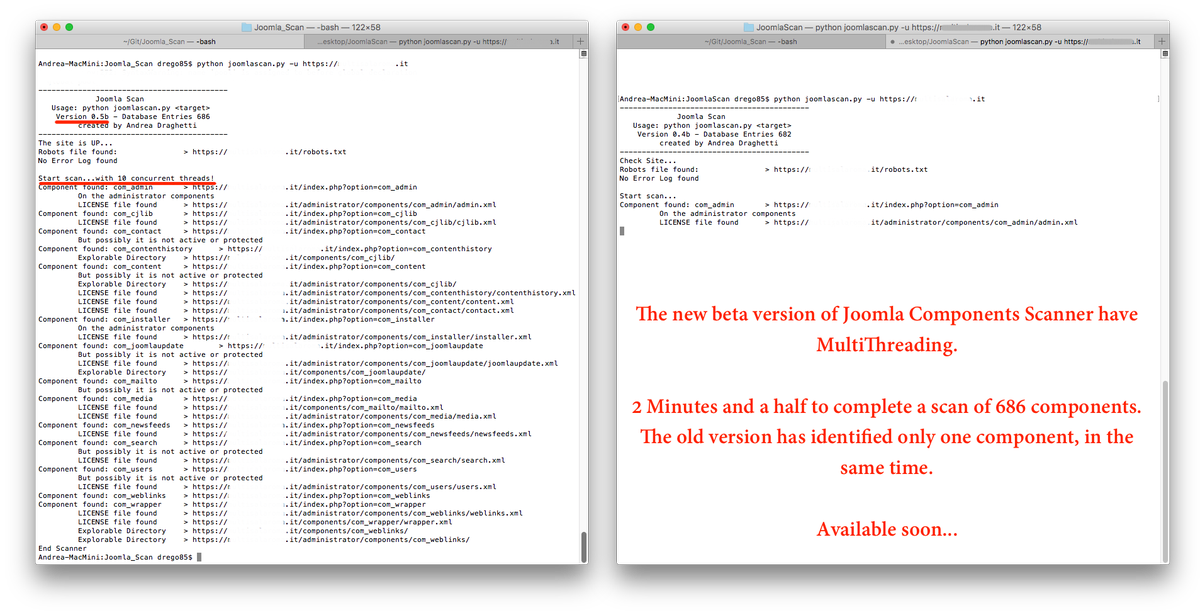 AndreaDraghetti's tweet photo. I have implemented the Threading in #JoomlaScan, 2โ to complete a scan of 686 components! Available soonโฆ #Joomla https://t.co/E4zrLlN0mO https://t.co/iyXGGSMnpN