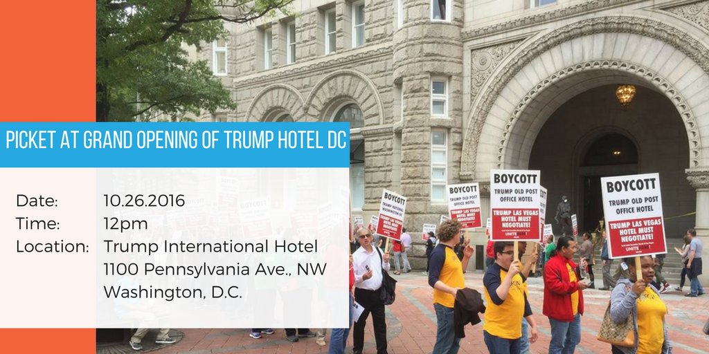 AFLCIO's tweet photo. On Wednesday, join us in DC for a solidarity picket at the grand opening of the new Trump hotel. https://t.co/OeK9JiROSf #UniteAC https://t.co/65TEWEYARF