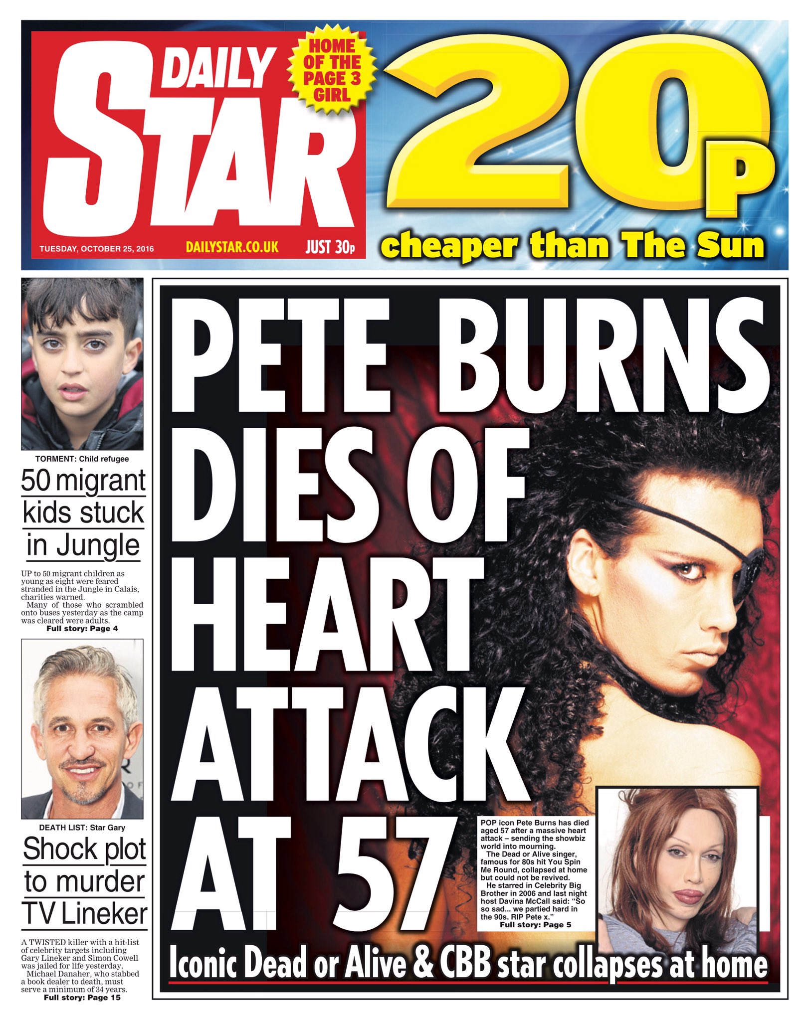 Nick Sutton on X: Tuesday's Daily Star: Pete Burns dies of heart attack at  57 #tomorrowspaperstoday #bbcpapers  / X