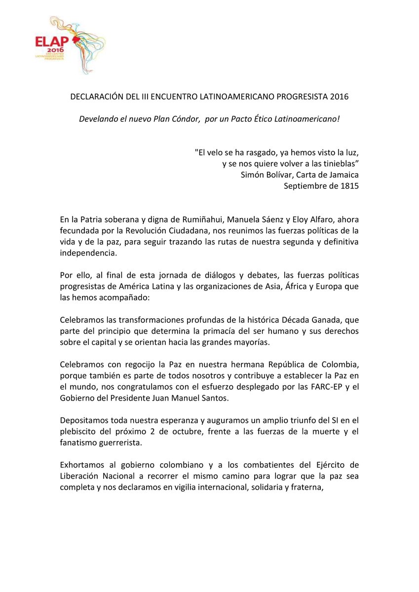 RRII35's tweet photo. #ELAP2016 Compartimos con nuestros seguidores la Declaración del III Encuentro Latinoamericano Progresista
Más info https://t.co/urLMuOhQmN https://t.co/HAoqklpoKU