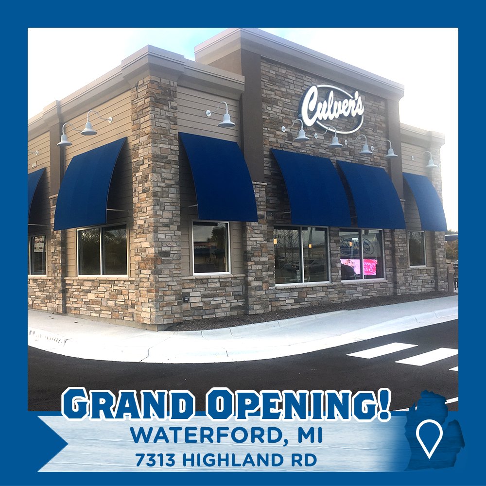 culvers's tweet photo. Culver's of Waterford, MI, is now open and serving up ButterBurgers, Fresh Frozen Custard and more deliciousness! https://t.co/ZeaOOqhKMl