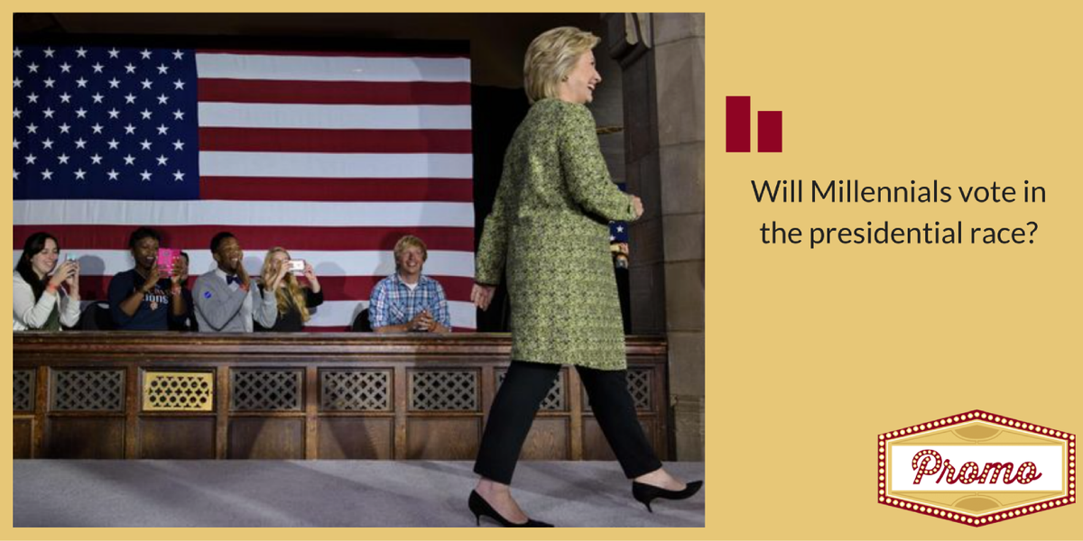 thepromoapp's tweet photo. ⁉️ Downbeat generation: Will #Millennials vote in the presidential race? https://t.co/ytvS8EeYZ7 @USATODAYcollege #election2016 #collegelife https://t.co/EV1Ysh0gwk