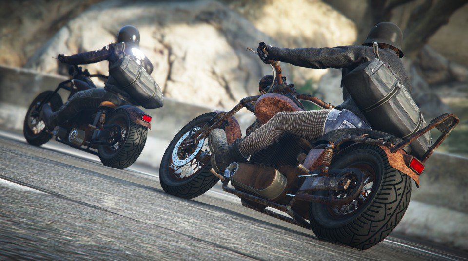 ColecoVee's tweet photo. Get your motor runnin', head out on the highway @RockstarGames #GTAO #Snapmatic #Bikers https://t.co/JscZM7T6Fk