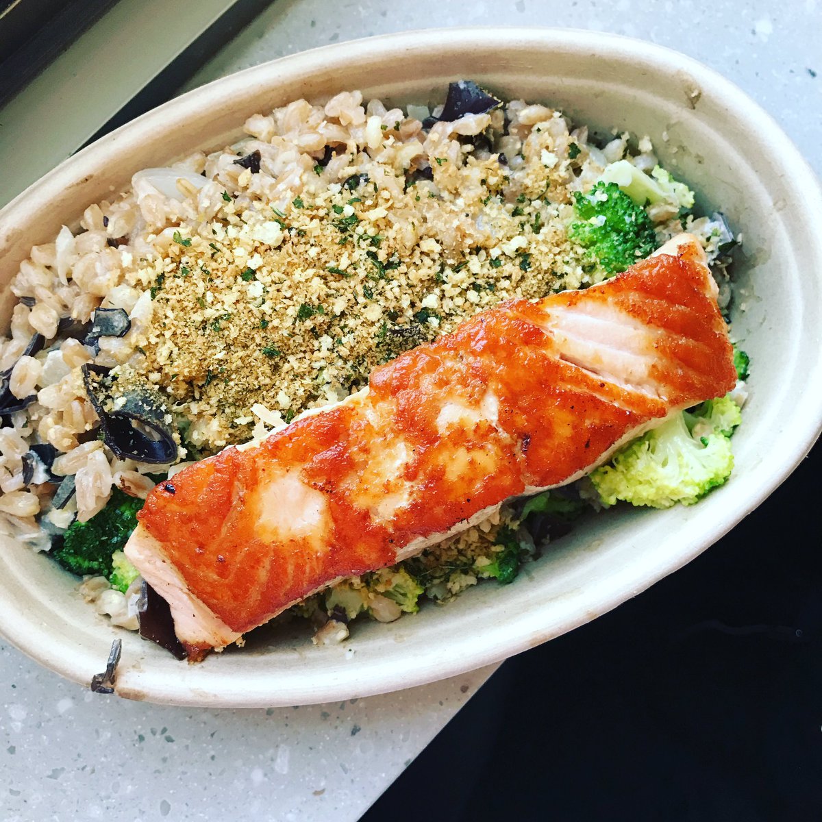 CandidRD's tweet photo. Farro gratin with broccoli and salmon. I vote for this #lto to stay at #courtsidecafe forever!! #ohiostatedine https://t.co/sMEyfoZe7l