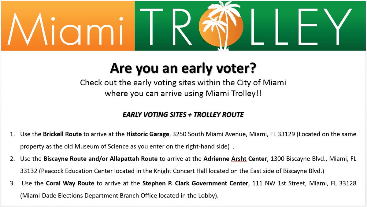 MiamiTrolley's tweet photo. Early voter take The Miami Trolley and avoid driving + parking!! #earlyvoting #miami #miamitrolley #cityofmiami https://t.co/34NqDJhsBj