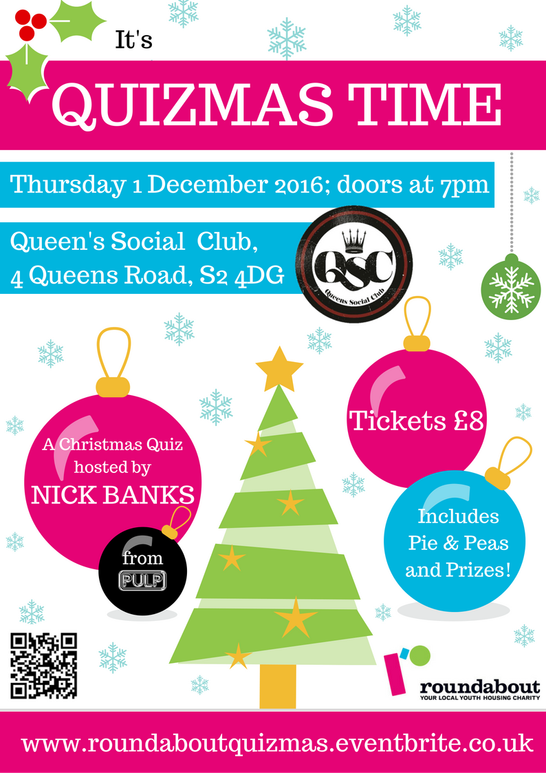 RoundaboutSheff's tweet photo. Roundabout Quizmas is on Thurs 1 Dec at @QueensSocial . Tickets can be purchased/reserved through Eventbrite: https://t.co/jv2dyx58pH https://t.co/s4Gj5yngqF