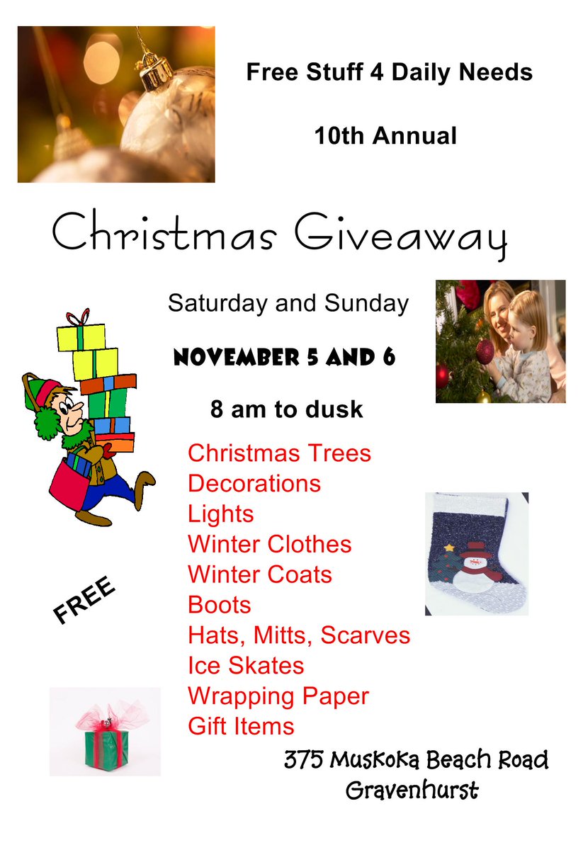 Free Stuff for Daily Needs is hosting its 10th Annual Christmas Giveaway November 5 and 6 in #Gravenhurst.