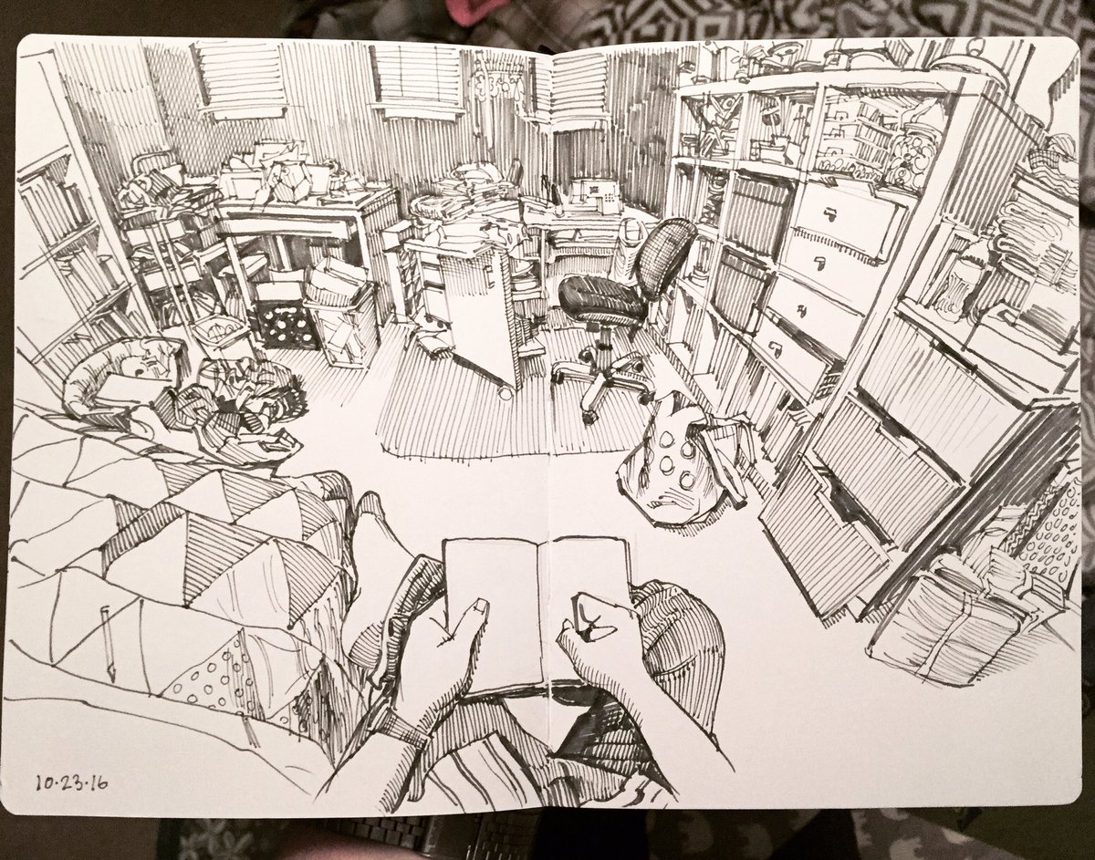The sewing space of @lindamade in our bedroom. #inktober day 23 