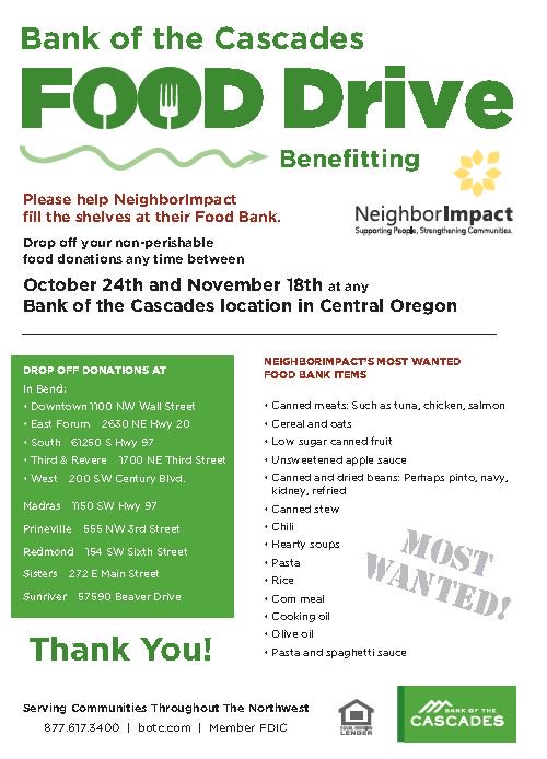 Bank of the Cascades hosting food drive to benefit NeighborImpact's Food Bank.