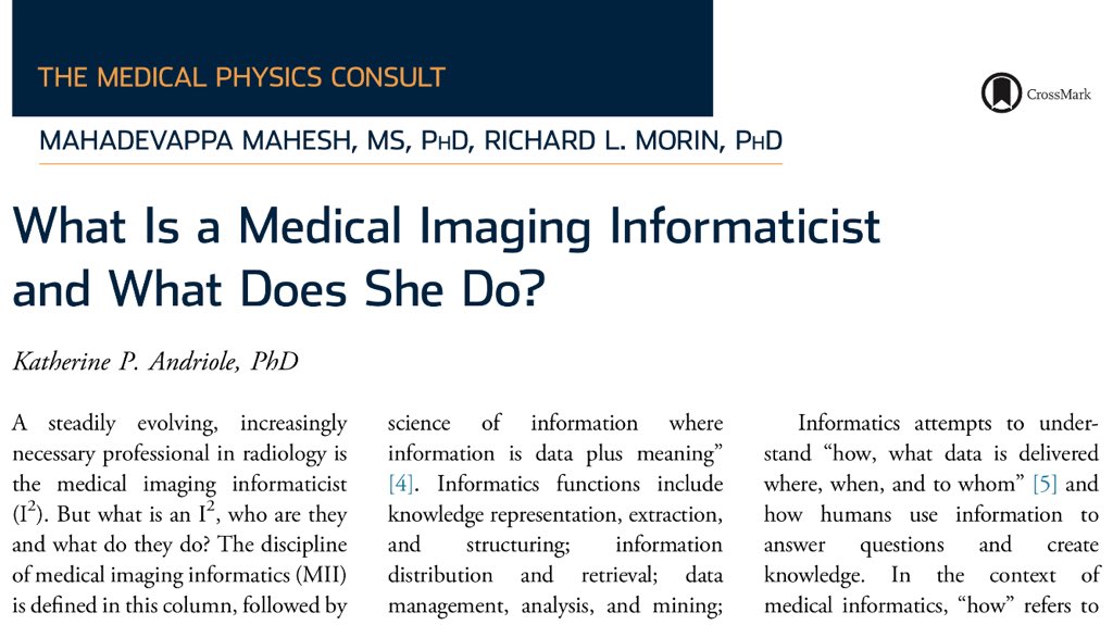 radiology_ninja's tweet image. What does an #ImagingInformaticist do? Outstanding explanation from Katherine Andriole, PhD, FSIIM. ncbi.nlm.nih.gov/m/pubmed/27450… #Informatics