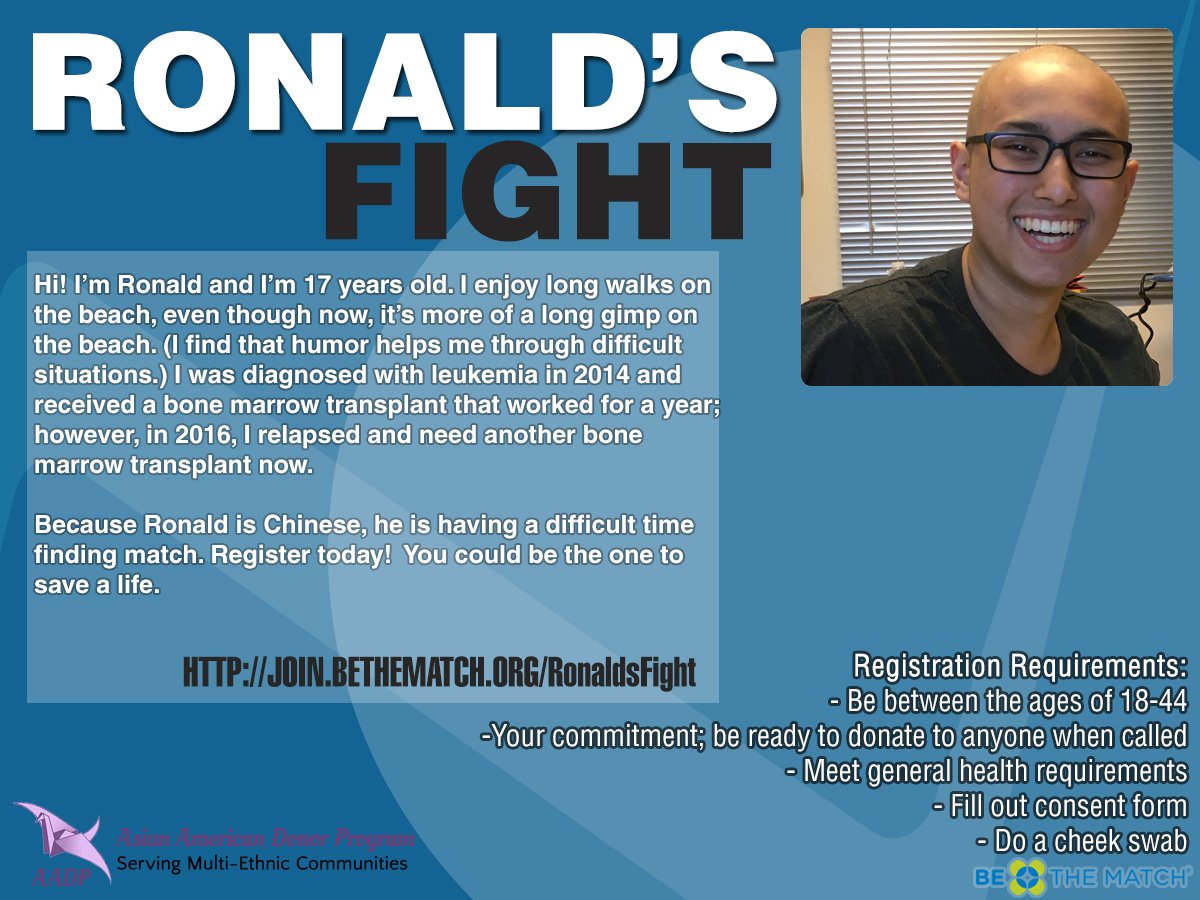aadp's tweet photo. Ronald is 17, #Chinese, &amp; urgently needs a #bonemarrow donor! RT @IronmanMann @iammcjin @JLin7 2 help us: https://t.co/HHDkR1p004 #Monday https://t.co/eU7IW8NRFL