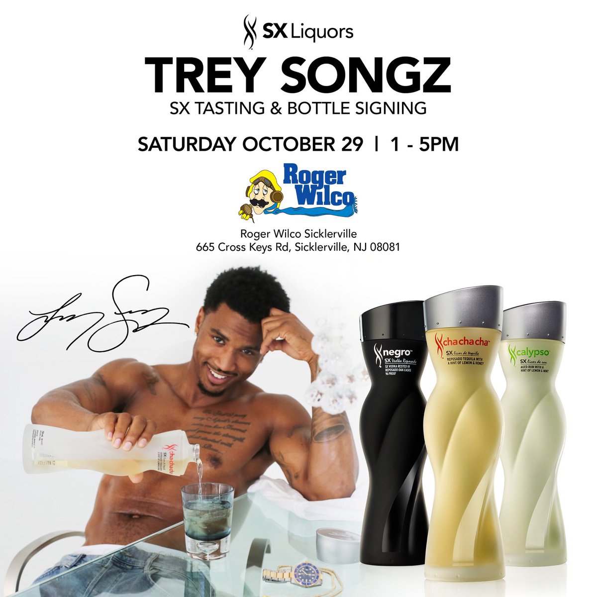 SXLiquors's tweet photo. Saturday, October 29 1pm-5pm #RogerWilco #Sicklerville #nj
Taste your favorite #SXLiquors &amp; get your bottlesigned by #TreySongz #SXTasting https://t.co/EMVqoDaPIy