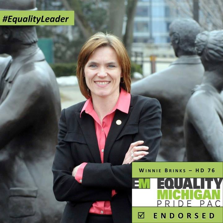 NathanTriplett's tweet photo. Equality Michigan Pride PAC endorses @WinnieBrinks in House District 76. #EqualityLeader https://t.co/Lu1Db6yEpk
