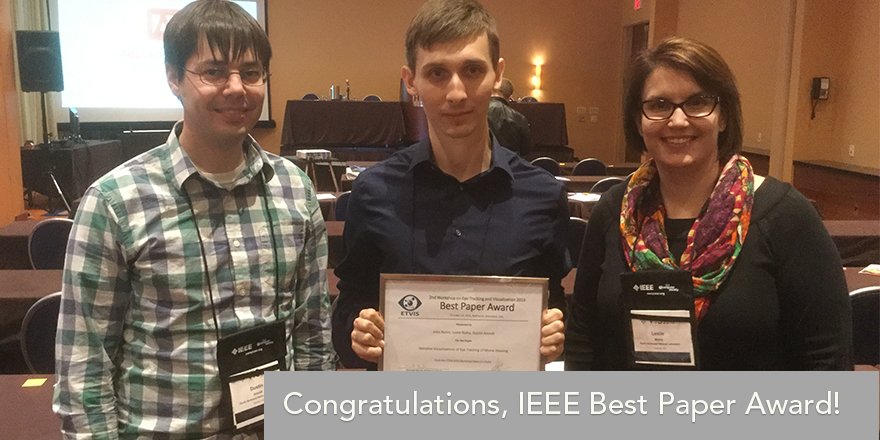 PNNLab's tweet image. Dustin Arendt, Leslie Blaha, Tim Balint eye-tracking research awarded #ETVis best paper! #ieeevis #analysisinmotion goo.gl/LTIm2j
