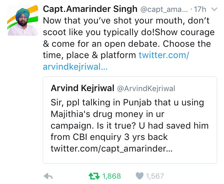 IYC's tweet photo. When challenged by @RajaBrar_INC and @capt_amarinder for issue based debate, the champion of "Hit and Run" ran away himself #WakeUpKejriwal https://t.co/VBCeNJzqDc
