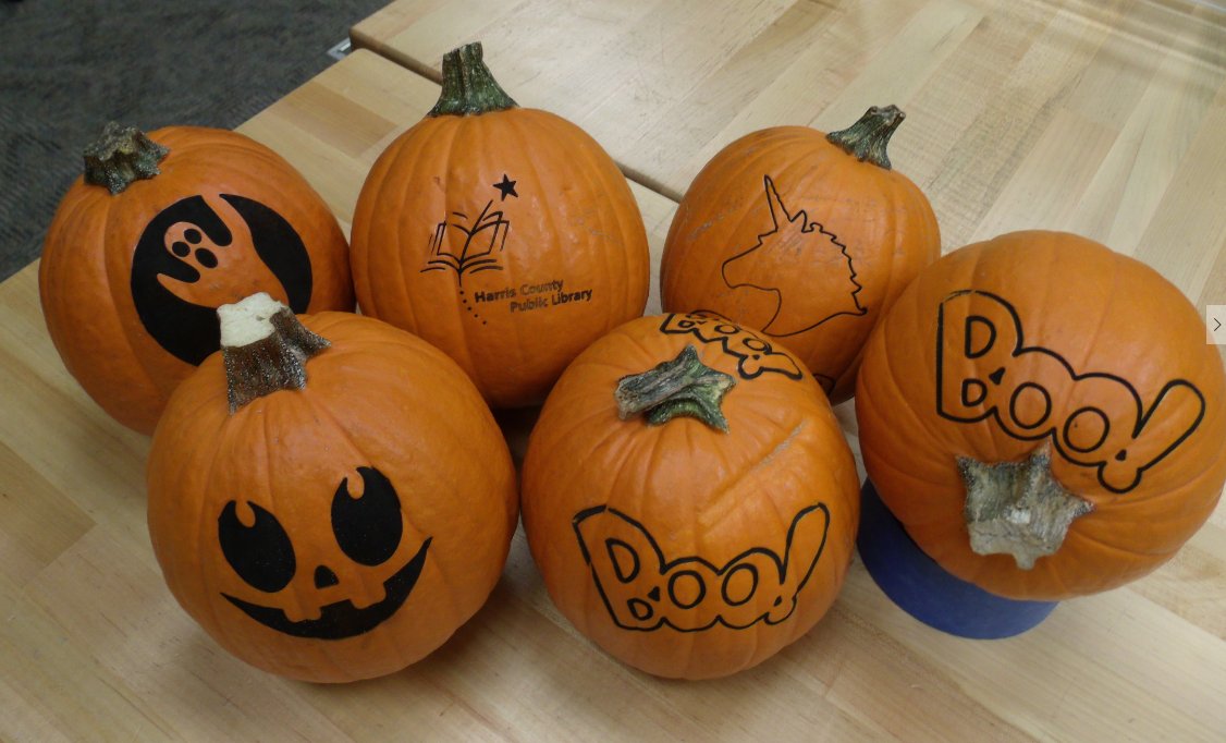 FreemanLib's tweet photo. Today we're using the @FullSpecLaser to engrave pumpkins. @harriscountypl #JHLILmakers https://t.co/TPKrwG9KtX