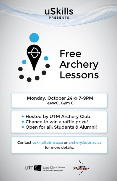 UtmSkills's tweet photo. 30 minutes until our uSkills Archery session begins! Hurry to the RAWC, Gym C 🎯🏹 @myUTMSU @UofTMississauga https://t.co/HEWMCjhdgz