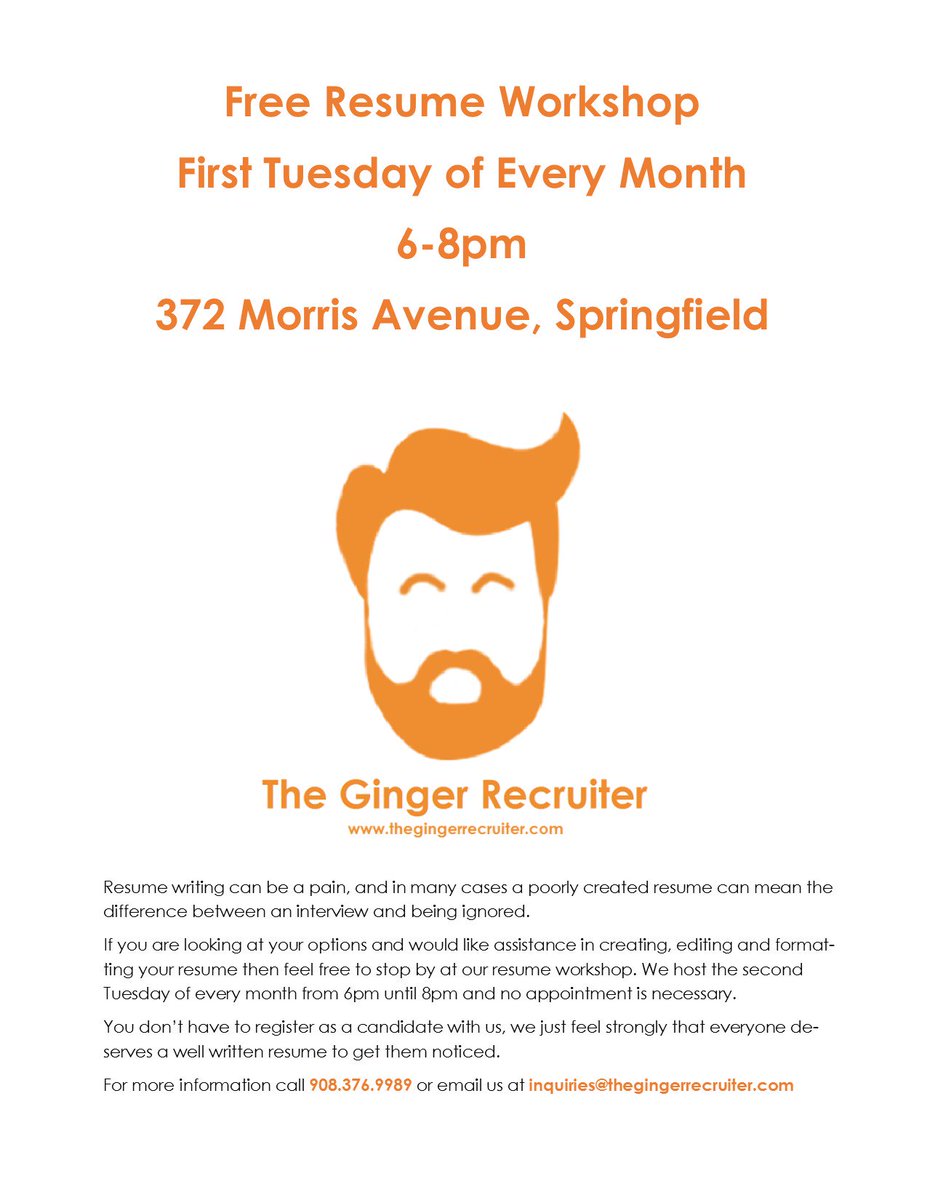 GingerRecruiter's tweet photo. Free Resume Workshop. #SpringfieldNJ Tuesday November 1st, 6pm - 8pm #gingerrecruiter #resume #ResumeTip #njjobs #unioncountynj https://t.co/bOuByKFTkP